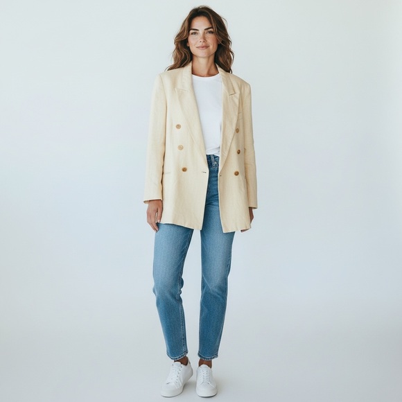 Vintage Gruppo Americano studio Cream Double-Breasted Blazer resortwear coastal - Picture 5 of 15